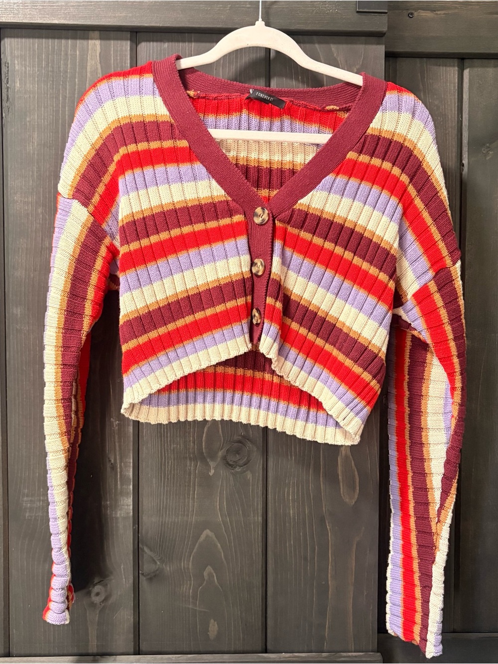 Striped Cropped Ribbed Cardigan - Red, Lavender, Cream forever 21  medium